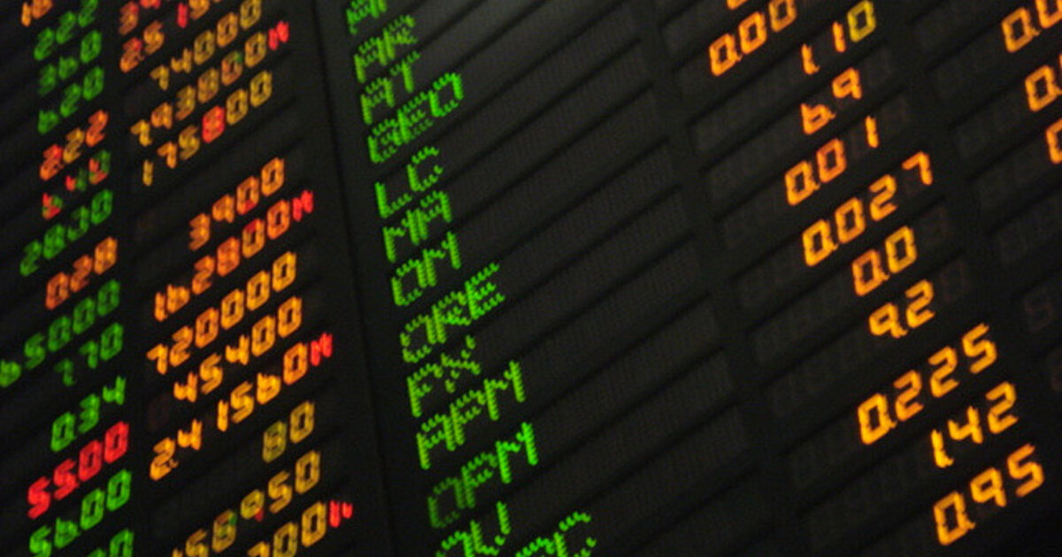 A stock market quotation board showing price changes