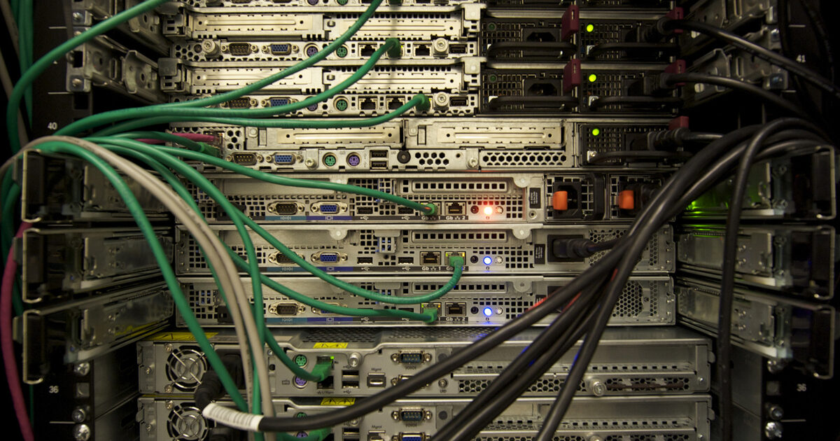 Servers mounted in a data centre rack