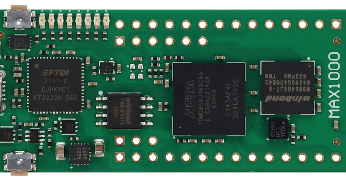 A close-up of an FPGA development board
