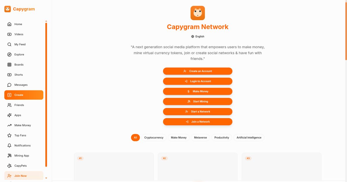 The Capygram Network home page showing its social feed, mining and app directory