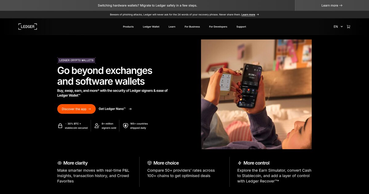 Ledger's official product site showing its hardware wallet range